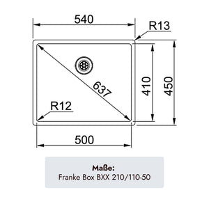 Großes Franke Box Edelstahlbecken mit 500 mm Beckenlänge und 200 mm Beckentiefe