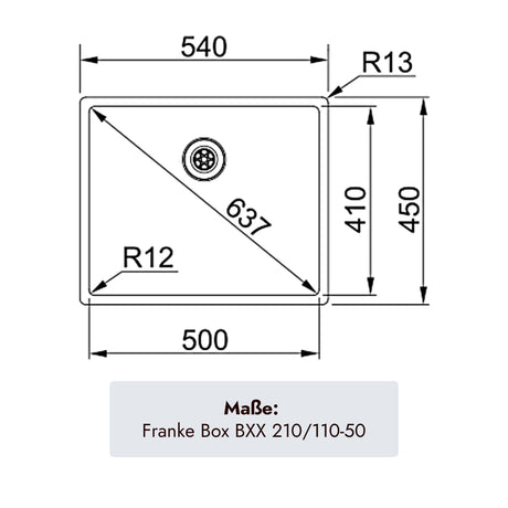 Großes Franke Box Edelstahlbecken mit 500 mm Beckenlänge und 200 mm Beckentiefe