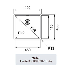 Edelstahlbecken Franke Box BXX 210/110-45 mit 450 mal 410 mm Beckenmaß und 200 mm Tiefe