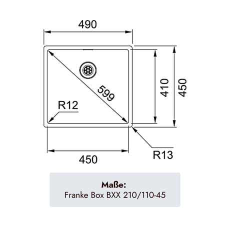 Edelstahlbecken Franke Box BXX 210/110-45 mit 450 mal 410 mm Beckenmaß und 200 mm Tiefe