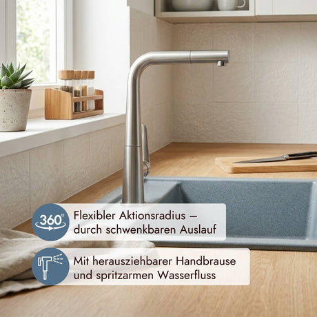 systemceram Tono Küchenarmatur mit herausziehbarem Auslauf und 262 mm Höhe. Mit 360 Grad Schwenkbereich
