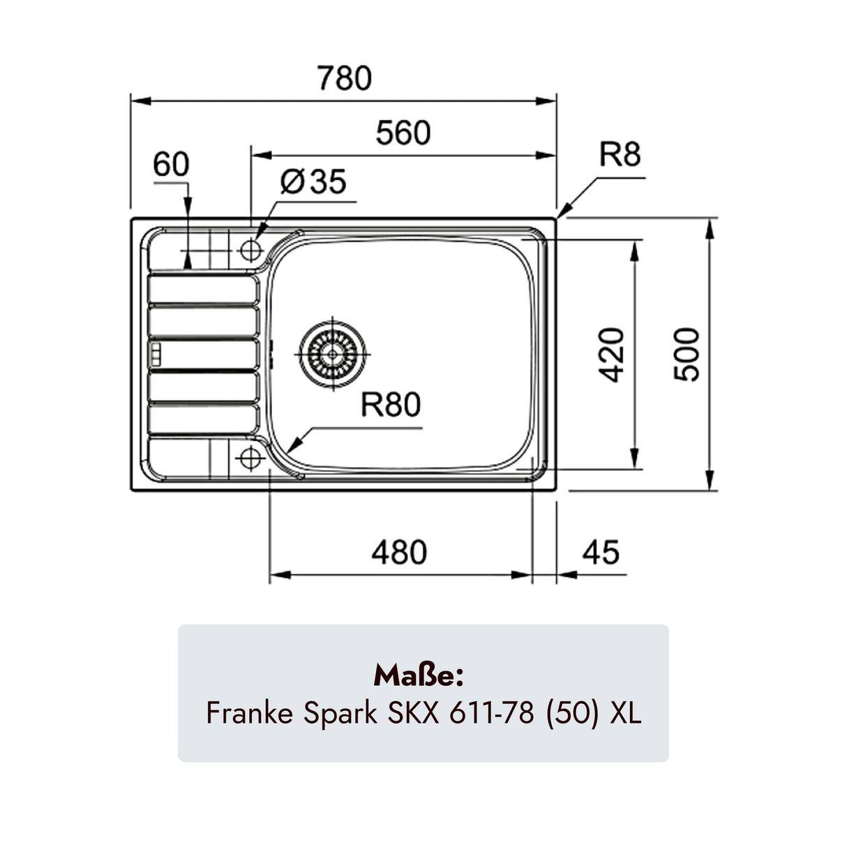 Franke Spark Einbauspüle 780 x 500 mm aus gebürstetem Edelstahl für moderne Küchen