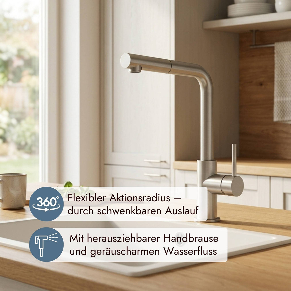 systemceram SKIVA Armatur mit 360 Grad Schwenkbereich und flexiblem Auszieh-Auslauf