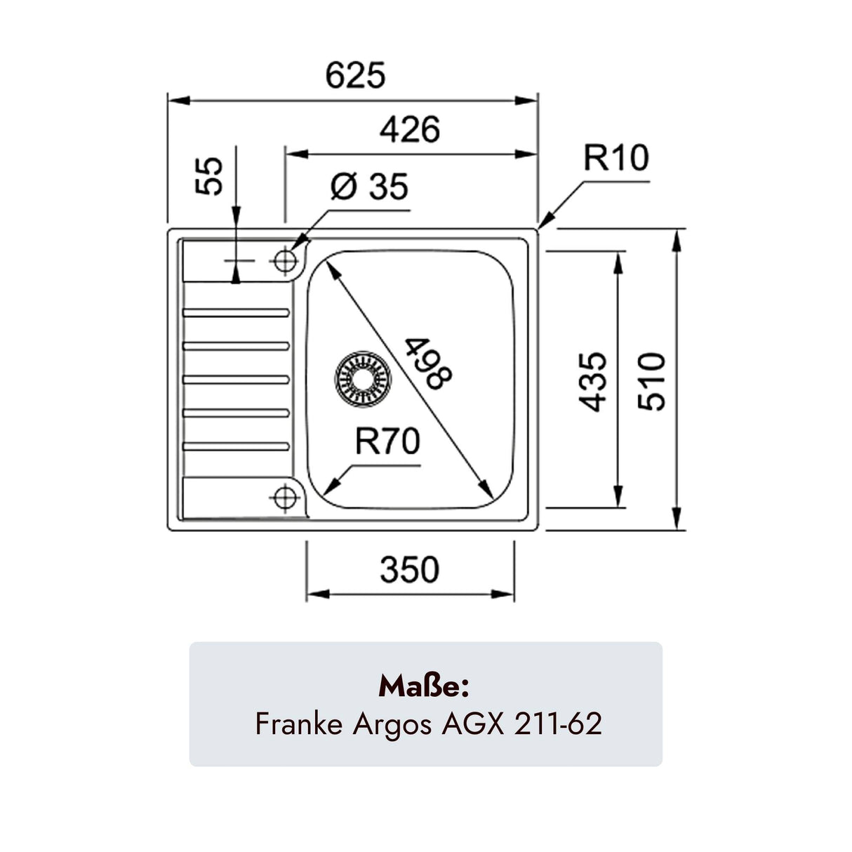 Franke Argos Edelstahlspüle 625 x 510 mm mit einem Becken für 45er Unterschränke