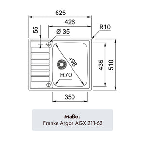 Franke Argos Edelstahlspüle 625 x 510 mm mit einem Becken für 45er Unterschränke