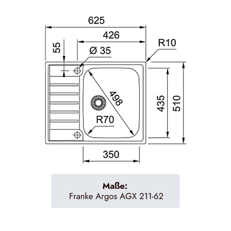 Franke Argos Edelstahlspüle 625 x 510 mm mit einem Becken für 45er Unterschränke