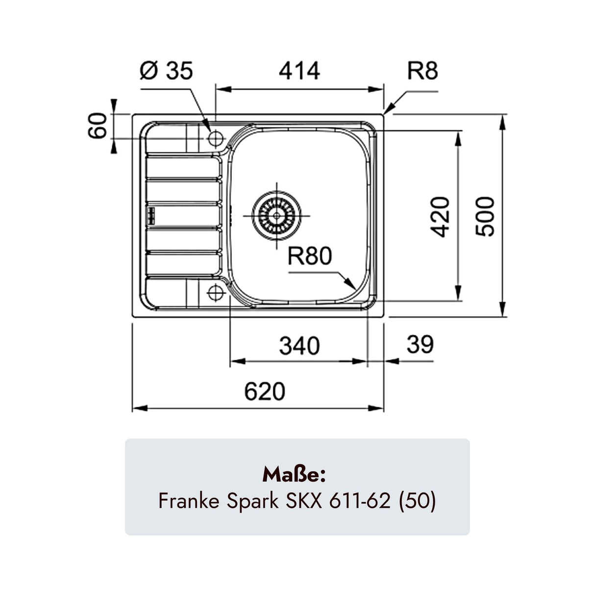 Franke Spark Einbauspüle 620 x 500 mm aus gebürstetem Edelstahl für 45er Unterschränke