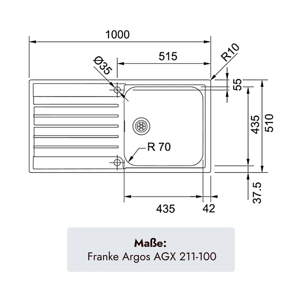 Franke Argos Edelstahlspüle 1000 x 510 mm mit einem Becken für moderne Küchen
