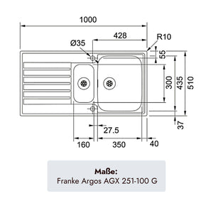 Franke Argos Edelstahlspüle 1000 x 510 mm mit 1,5 Becken für moderne Küchen