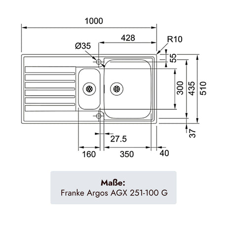 Franke Argos Edelstahlspüle 1000 x 510 mm mit 1,5 Becken für moderne Küchen