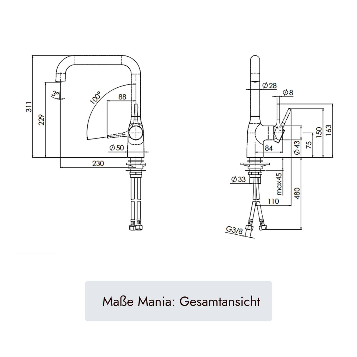 Küchenarmatur MANIA mit 380 mm Armaturenhöhe und integriertem Durchflussbegrenzer