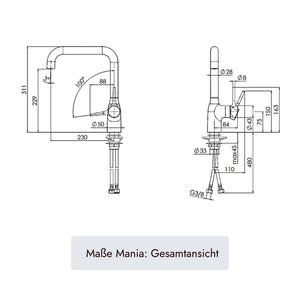 Küchenarmatur MANIA mit 380 mm Armaturenhöhe und integriertem Durchflussbegrenzer