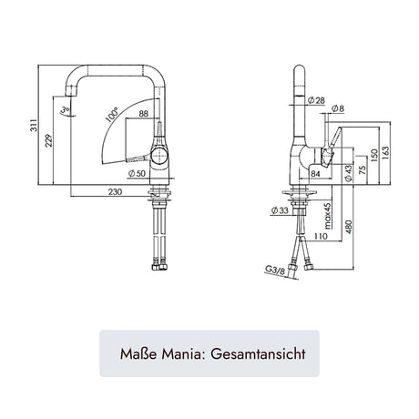 Küchenarmatur MANIA mit 380 mm Armaturenhöhe und integriertem Durchflussbegrenzer