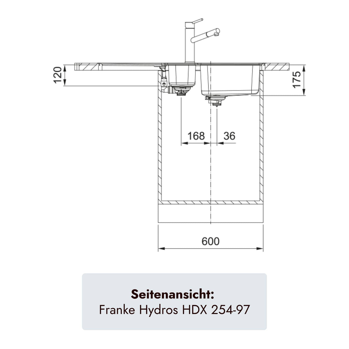 Schnittzeichnung der Franke Hydros HDX 254 Rev mit 175 mm Hauptbeckentiefe und 600 mm Unterschrankbreite
