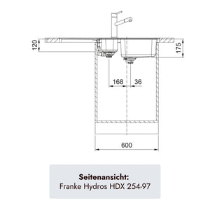Schnittzeichnung der Franke Hydros HDX 254 Rev mit 175 mm Hauptbeckentiefe und 600 mm Unterschrankbreite
