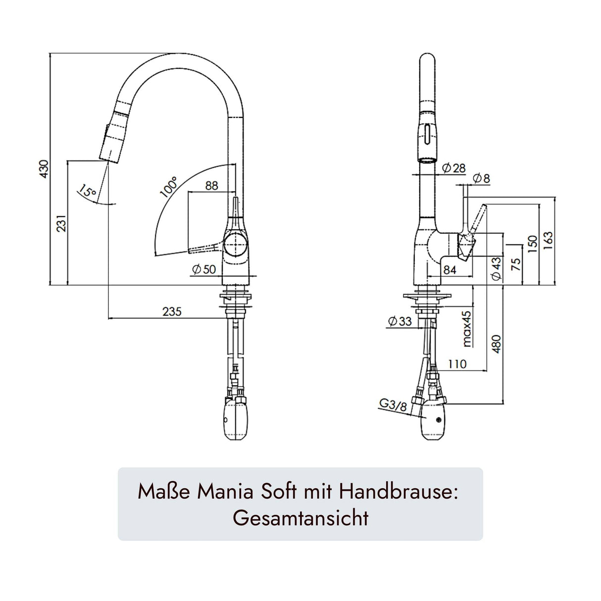 MANIA Soft Armatur von systemceram mit 235 mm Ausladung und 360 Grad Schwenkbereich