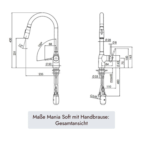 MANIA Soft Armatur von systemceram mit 235 mm Ausladung und 360 Grad Schwenkbereich