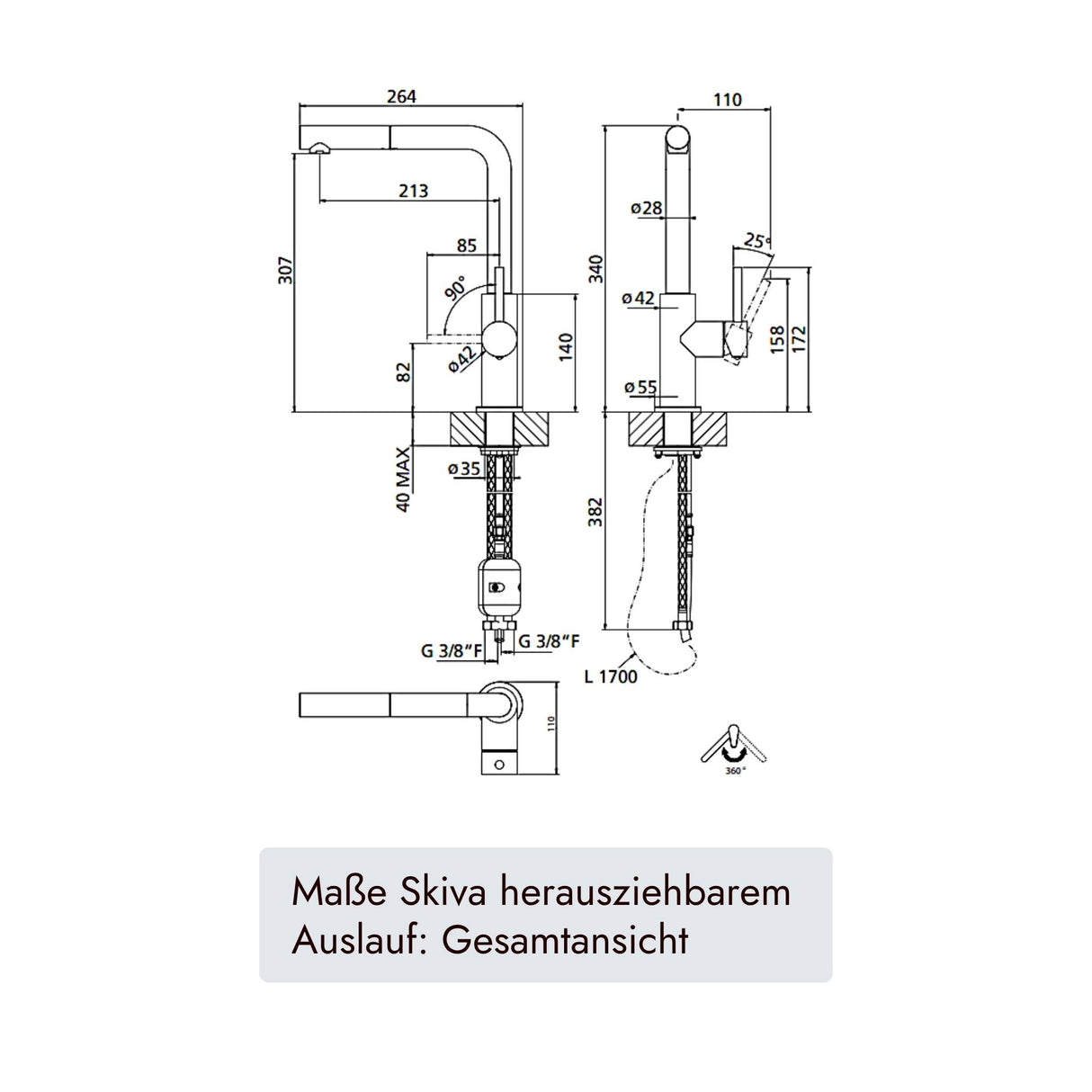 SKIVA Armatur von systemceram aus massivem Edelstahl mit 352 mm Gesamthöhe