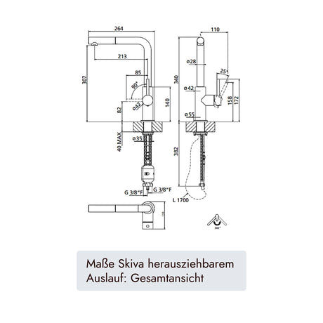 SKIVA Armatur von systemceram aus massivem Edelstahl mit 352 mm Gesamthöhe