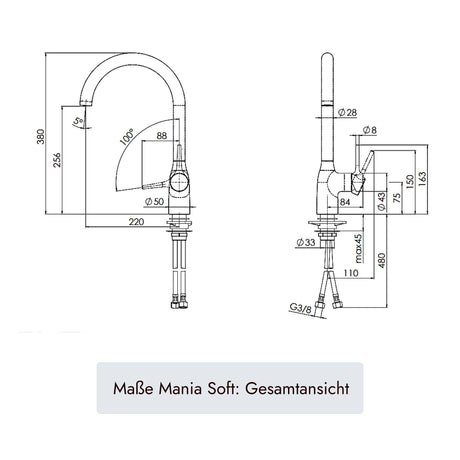 Küchenarmatur systemceram MANIA Soft mit 380 mm Armaturenhöhe und integriertem Durchflussbegrenzer