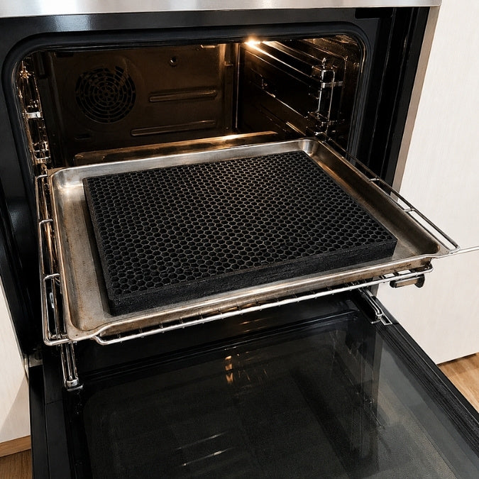 Schwarzer Aktivkohlefilter mit Wabenstruktur liegt auf einem Backblech im geöffneten Backofen zur Regeneration durch Ausbacken.