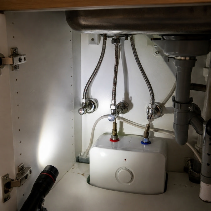 Geöffneter Spülenschrank mit drei Anschlussschläuchen und einem Untertischboiler.
