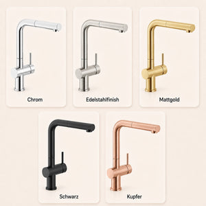 Systemceram Sila mit herausziehbarem Auslauf in den Farben Chrom, Edelstahlfinish, Mattgold, Schwarz, Kupfer
