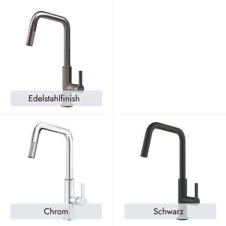 Offeo Armatur von systemceram mit klarem Design und praktischem Auszugsauslauf und verschiedenen Farben wie, Chrom, Schwarz und Edelstahlfinish