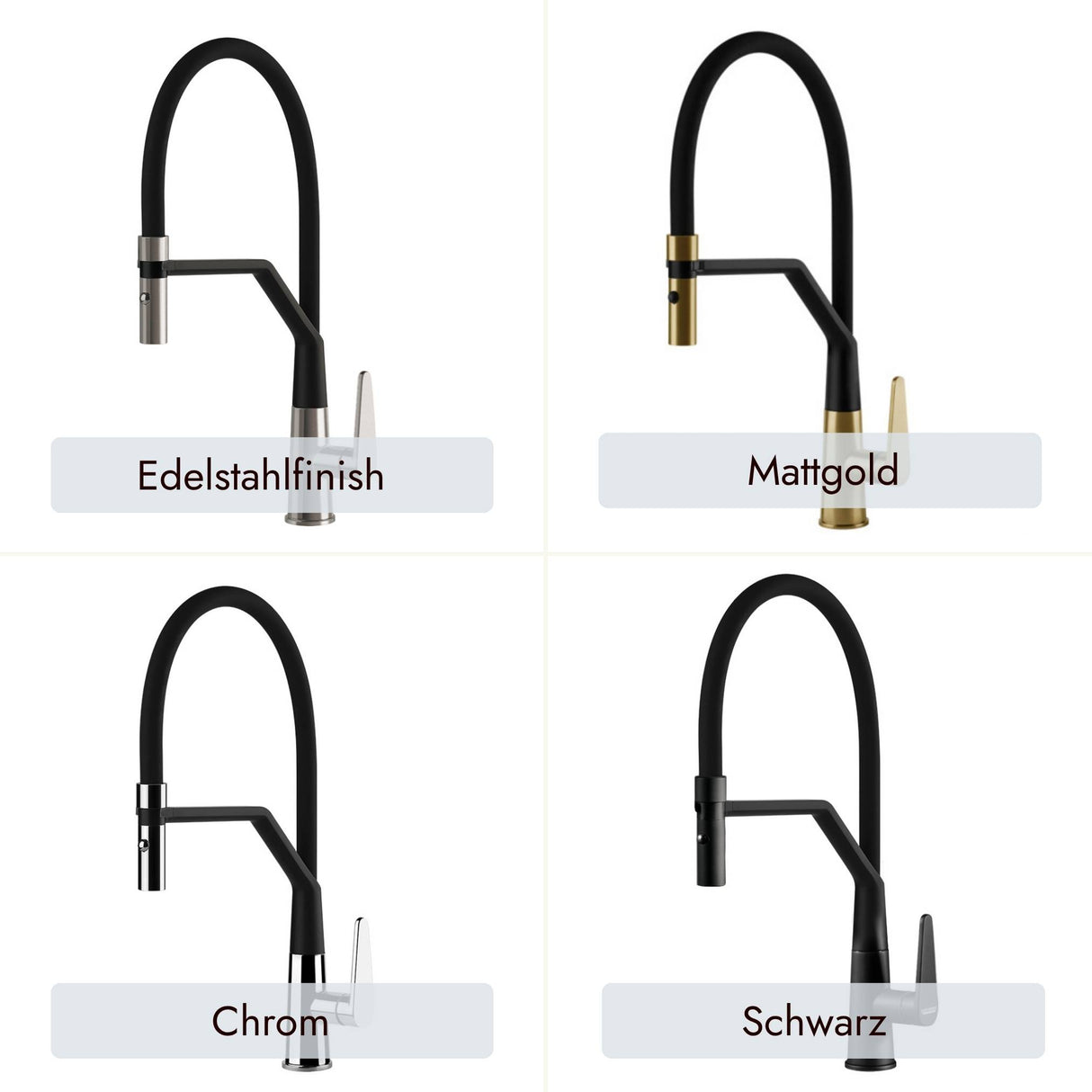 systemceram Tono Pro Küchenarmatur in Schwarz, chrom, Mattgold und Edelstahlfinish als eleganter Blickfang in der modernen Küche