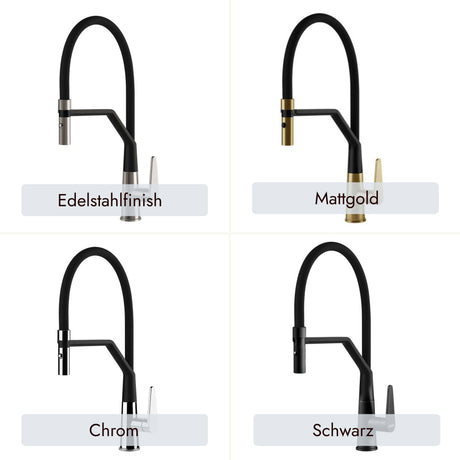 systemceram Tono Pro Küchenarmatur in Schwarz, chrom, Mattgold und Edelstahlfinish als eleganter Blickfang in der modernen Küche