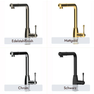 In Vier ansprechenden Farben: Schwarz, Mattgold, Chrom und Edelstahlfinish