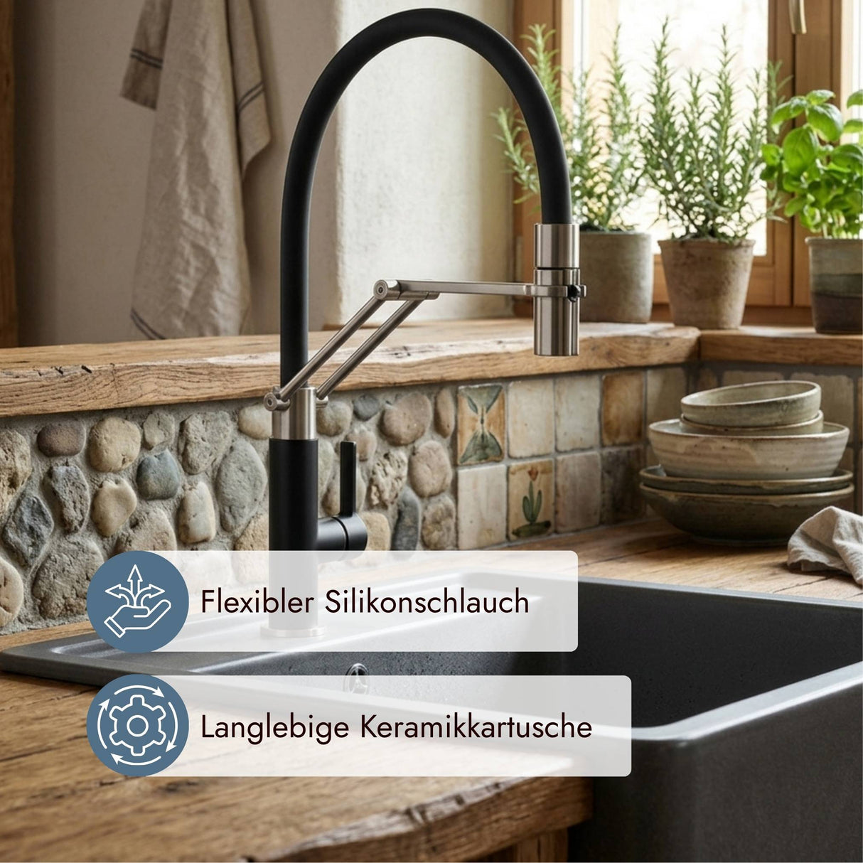 Moderne systemceram Offeo Pro Armatur mit flexiblem Auslauf und klarer Formensprache