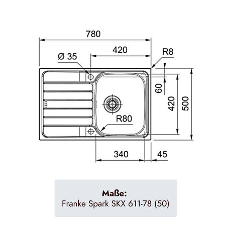 Franke Spark SKX 611-78 (50) Edelstahlspüle 780 x 500 mm mit Becken 340 x 420 x 160 mm