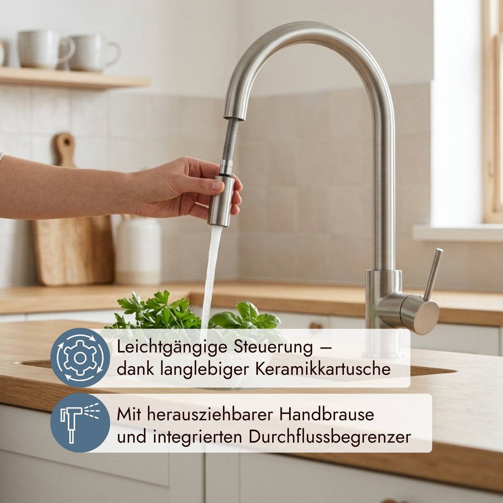 Moderne Systemceram Fresh Armatur mit Zugauslauf zum komfortablen Spülen und Reinigen