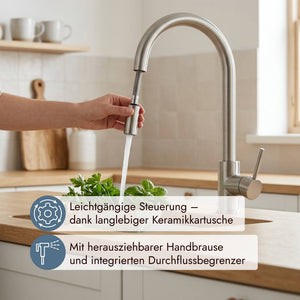 Moderne Systemceram Fresh Armatur mit Zugauslauf zum komfortablen Spülen und Reinigen