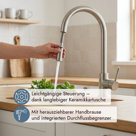 Moderne Systemceram Fresh Armatur mit Zugauslauf zum komfortablen Spülen und Reinigen