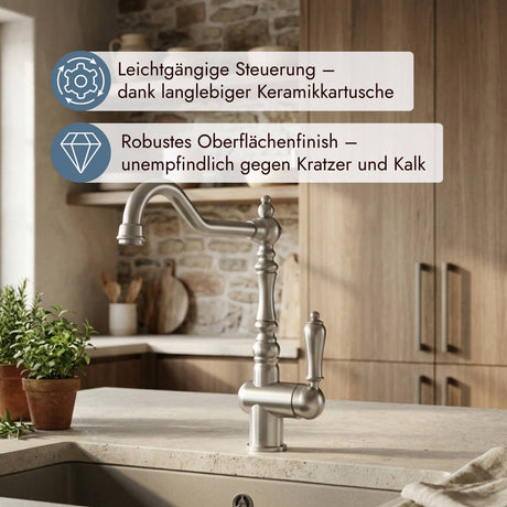 Systemceram Rubi Küchenarmatur in Edelstahlfinish mit elegantem Auslauf und seitlichem Bedienhebel