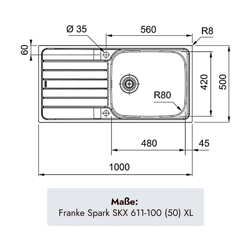 Franke Spark Edelstahlspüle 1000 x 500 mm mit einem Becken und praktischer Abtropffläche
