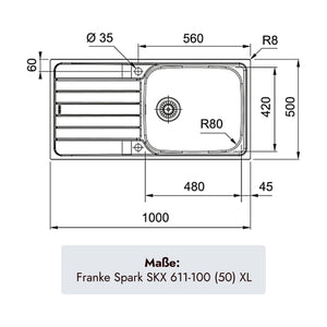 Franke Spark Edelstahlspüle 1000 x 500 mm mit einem Becken und praktischer Abtropffläche