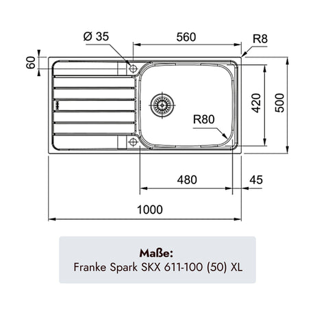 Franke Spark Edelstahlspüle 1000 x 500 mm mit einem Becken und praktischer Abtropffläche