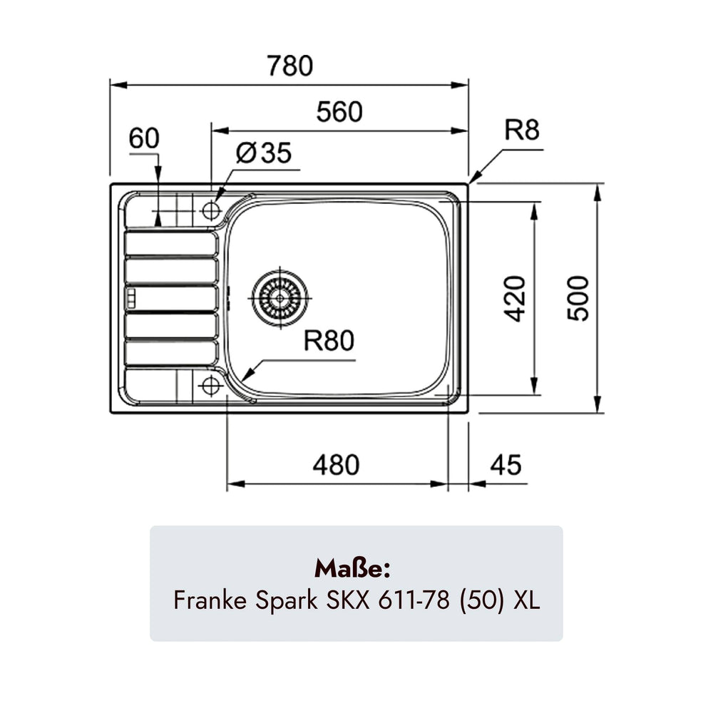 Franke Spark Einbauspüle 780 x 500 mm aus gebürstetem Edelstahl für moderne Küchen