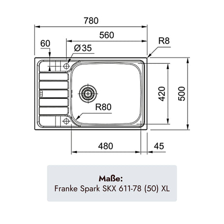 Franke Spark Einbauspüle 780 x 500 mm aus gebürstetem Edelstahl für moderne Küchen