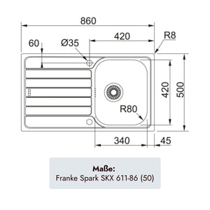 Franke Spark SKX 611-86 (50) Edelstahlspüle 860 x 500 mm mit Becken 340 x 420 x 160 mm