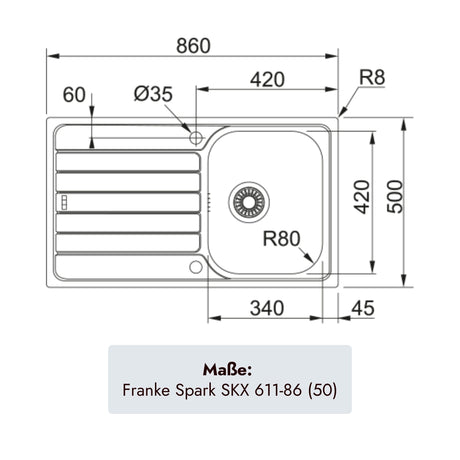 Franke Spark SKX 611-86 (50) Edelstahlspüle 860 x 500 mm mit Becken 340 x 420 x 160 mm