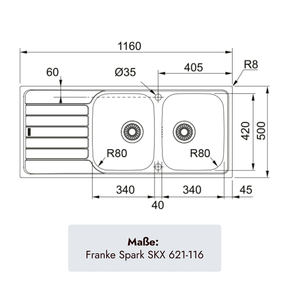 Franke Spark SKX 621-116 Edelstahlspüle mit 1160 × 500 mm Außenmaß, zwei Becken à 340 mm und Abtropffläche