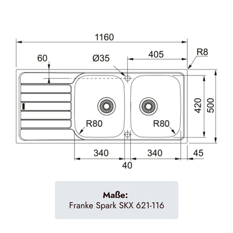 Franke Spark SKX 621-116 Edelstahlspüle mit 1160 × 500 mm Außenmaß, zwei Becken à 340 mm und Abtropffläche
