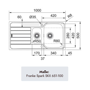 Franke Spark SKX 651-100 Spüle mit Hauptbecken 340 × 420 × 155 mm, Zusatzbecken 170 × 280 × 80 mm und 60 cm Unterschrankmaß