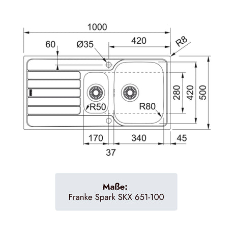 Franke Spark SKX 651-100 Spüle mit Hauptbecken 340 × 420 × 155 mm, Zusatzbecken 170 × 280 × 80 mm und 60 cm Unterschrankmaß