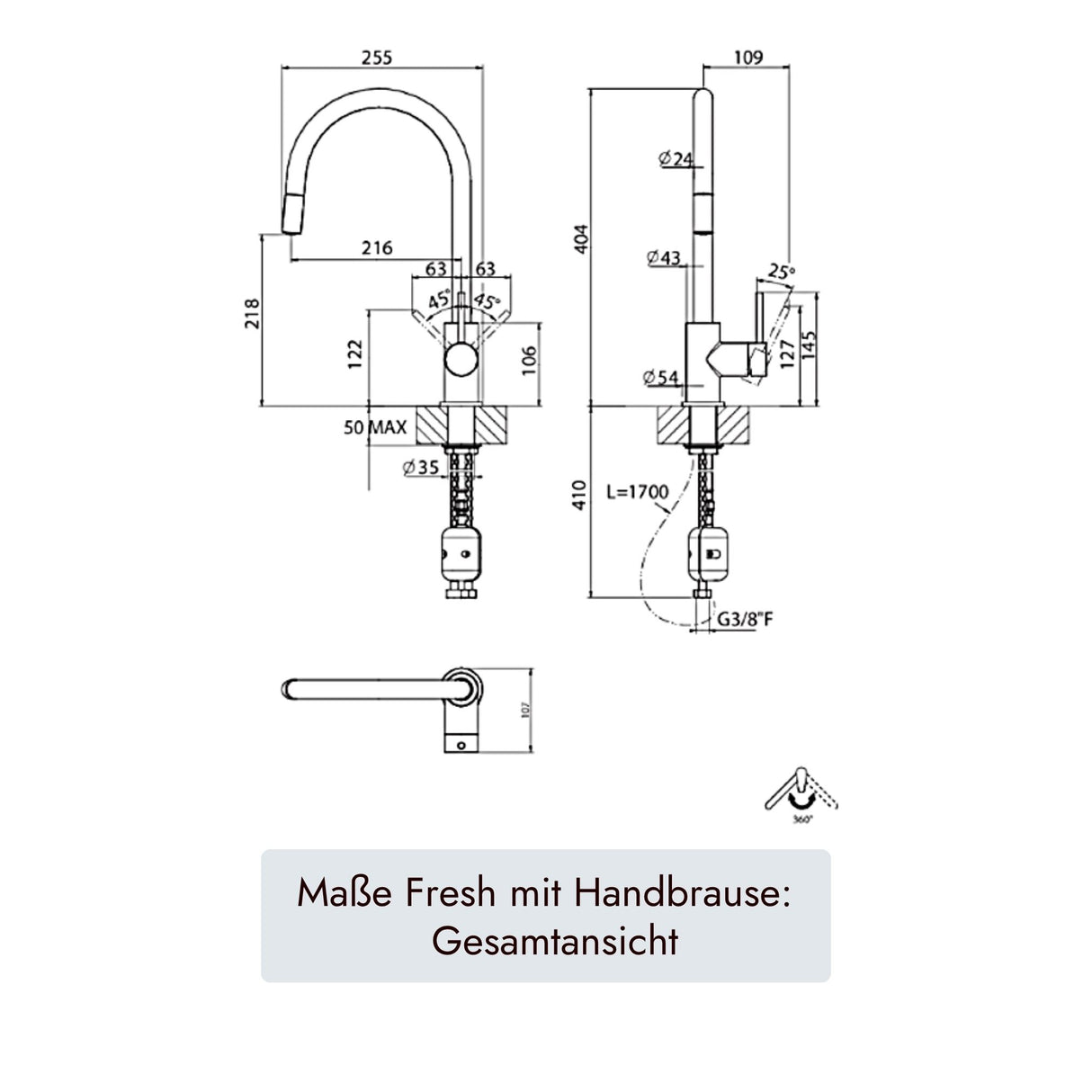 Systemceram Fresh Hochdruck-Küchenarmatur mit herausziehbarem Auslauf, 404 mm Höhe, 216 mm Ausladung, 360 Grad Schwenkbereich und 35 mm Hahnlochbohrung