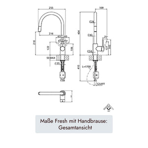 Systemceram Fresh Hochdruck-Küchenarmatur mit herausziehbarem Auslauf, 404 mm Höhe, 216 mm Ausladung, 360 Grad Schwenkbereich und 35 mm Hahnlochbohrung
